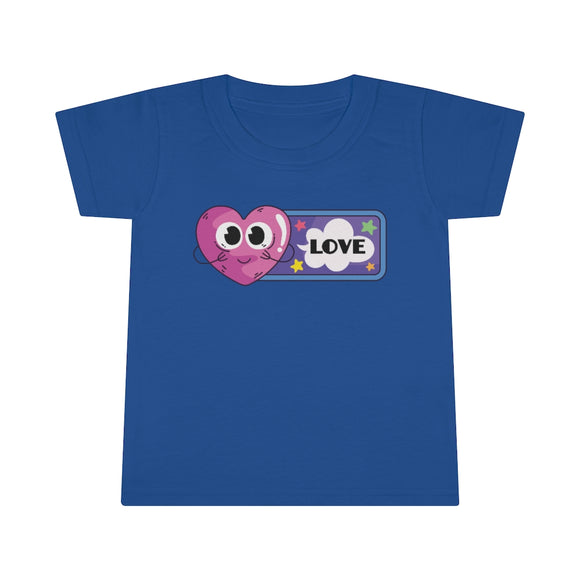 Love toddler t shirt that shows a happy heart and the word love in the color blue