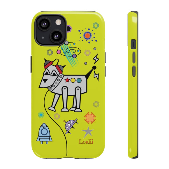 LouliiBot™ Space Friends phone case showing a cute robot dog in space in lime green 