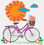 Close of of Bike Ride artwork with a purple bike with a basket of flowers in front of the sun