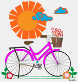 Sunny Bike Ride Organic Tote in natural color that shows a cute pink bike in front of a large orange sun up close