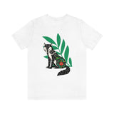 Fox tails tee that shows a black fox in front of green flora in the color white