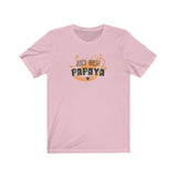 Papaya Unisex tee that has the artwork of a Papaya with the words Juicy Fresh Papaya in the color pink