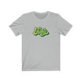 Funky Tee that shows a seventies funky green color print of the word Funky in the color ash