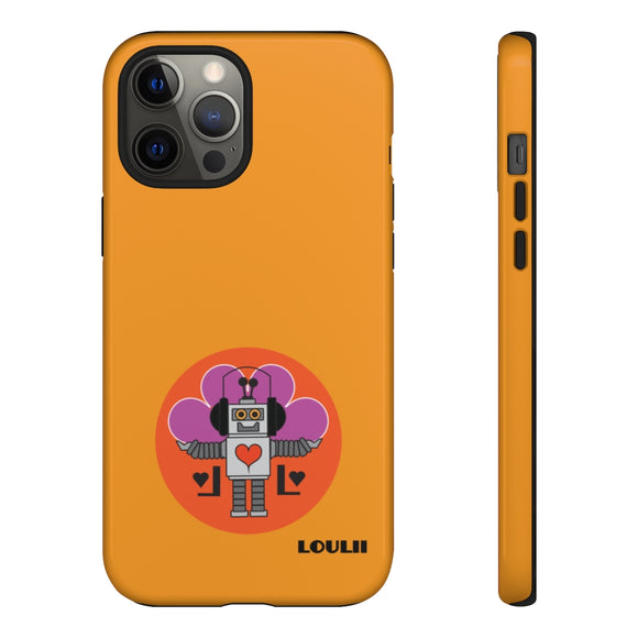 LouliiBot™ orange phone case with a cute robot with a heart