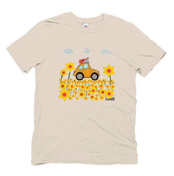 Music Band Traveling Organic T-shirt that shows a cute car traveling through a field of flowers in the color natural