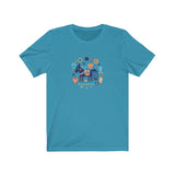 Folktale horse Unisex tee that has artwork of folkish horse surrounded by other folk items in the color blue