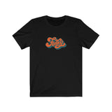 Funky Tee that shows a seventies funky orange red color print of the word Funky in the color black