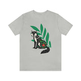 Fox tails tee that shows a black fox in front of green flora in the color grey 