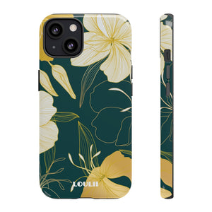 Loulii Blossom™ phone case that shows elegant flowers in yellow with a green background