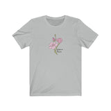 Elegance Tee that shows a pretty pink flower with the text “Elegance in Nature” in the color  ash