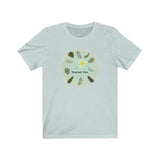 Loulii design tropical chic artwork on a t-shirt that is heather blue