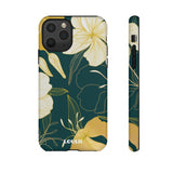 Loulii Blossom™ phone case that shows elegant flowers in yellow with a green background