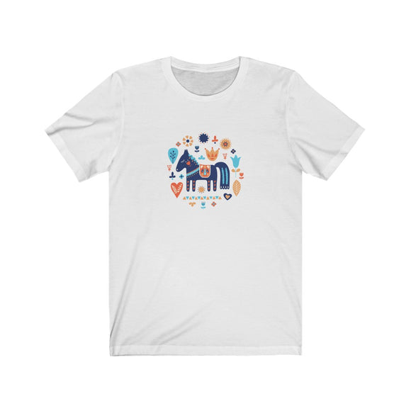 Folktale horse Unisex tee that has artwork of folkish horse surrounded by other folk items in the color white