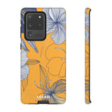 Loulii Blossom™ phone case that shows elegant flowers in white with a yellow background