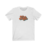 Funky Tee that shows a seventies funky orange red color print of the word Funky in the color white
