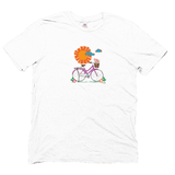 Bike ride organic t-shirt that shows a pink bike in front of a golden sun in the color white