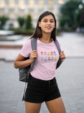 Garden Flowers women's t-shirt that shows colorful flowers in the color pink worn by a young women with a back pack