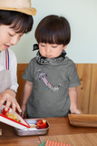 Little boy with mom having lunch wearing a Space robo dog grey t-shirt
