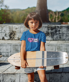 Love toddler t-shirt in blue worn by a girl holding a skatboard