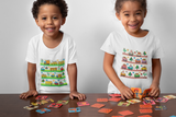 A little boy and girl with cozy little beep t-shirts while playing with cards.