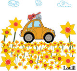 Close up of music band t-shirt showing a cute yellow car in a field of yellow flowers