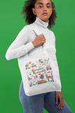 Country Romantic Organic Tote in natural color that shows all cute country things held by a women in front of a gree background