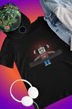 LouliiBot Robo2 DJ tee for kids that show a cute robot that is being a DJ in the color black on a multicolored background with clothes